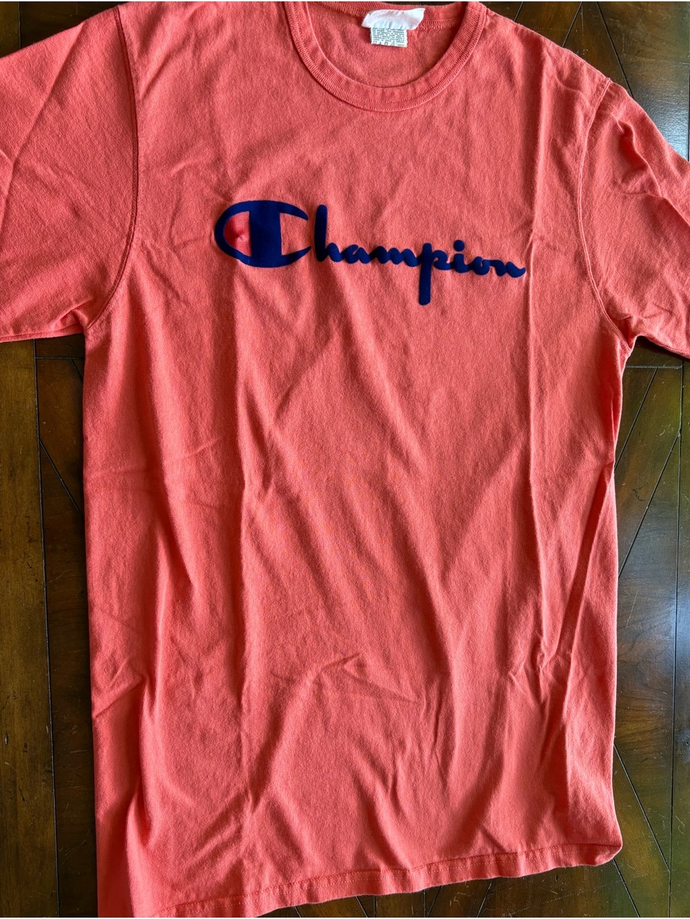 Champion Coral Tee with Navy Script Logo
